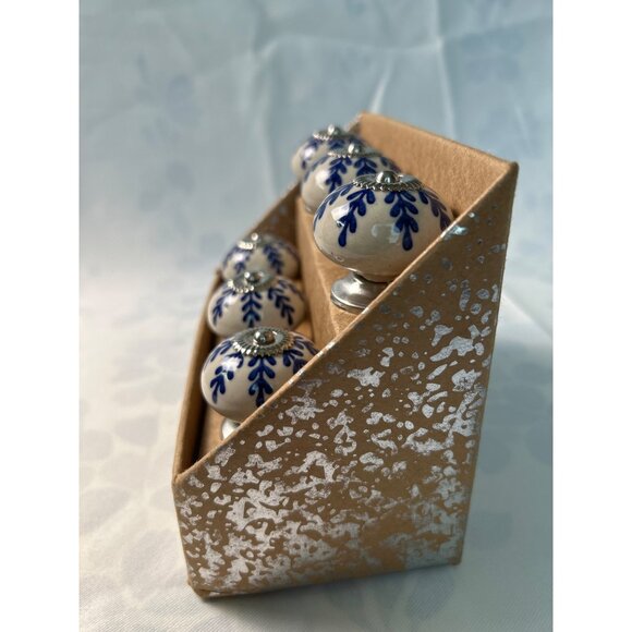 Set Of 6 Casa Decor Ceramic Drawer Knobs With Blue Floral Design Made In India - Picture 6 of 6